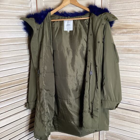 Moussy NoBorder Olive Green Blue Fur Trim Graphic Surprise Heavy Parka 1 S - Picture 6 of 12